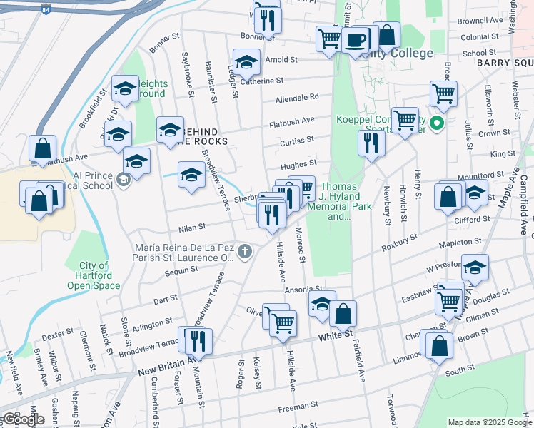 map of restaurants, bars, coffee shops, grocery stores, and more near 111 Sherbrooke Avenue in Hartford
