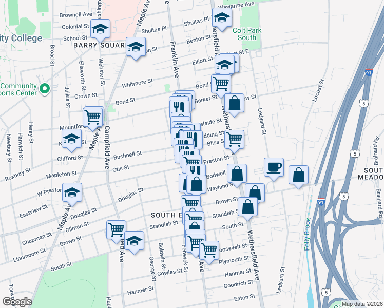 map of restaurants, bars, coffee shops, grocery stores, and more near 356 Franklin Avenue in Hartford