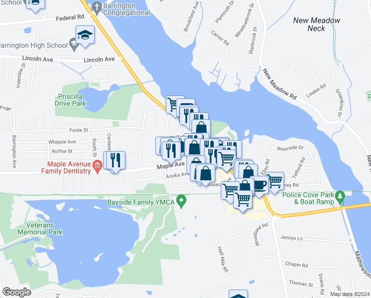map of restaurants, bars, coffee shops, grocery stores, and more near 55 Hamilton Avenue in Barrington