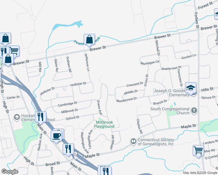map of restaurants, bars, coffee shops, grocery stores, and more near 206 Handel Road in East Hartford