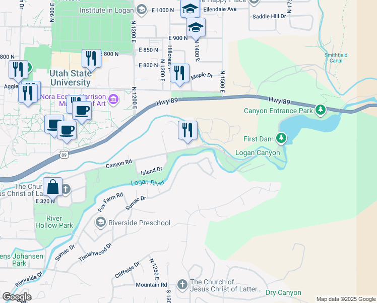 map of restaurants, bars, coffee shops, grocery stores, and more near 1440 Canyon Road in Logan