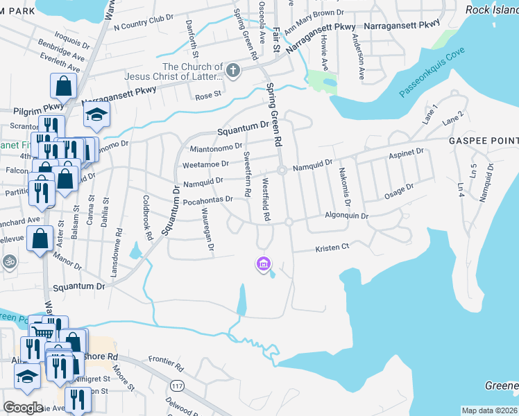 map of restaurants, bars, coffee shops, grocery stores, and more near 134 Sweetfern Road in Warwick