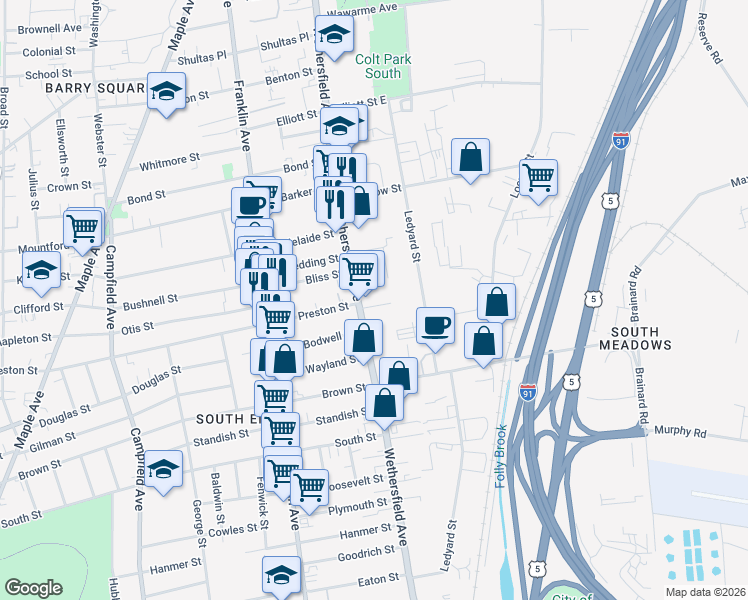 map of restaurants, bars, coffee shops, grocery stores, and more near in Hartford