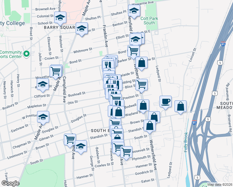 map of restaurants, bars, coffee shops, grocery stores, and more near 57 Bliss Street in Hartford