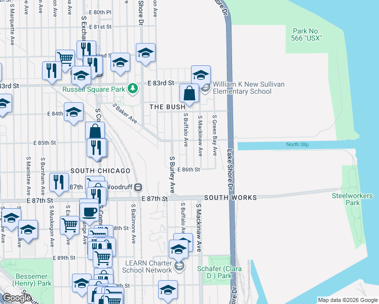 map of restaurants, bars, coffee shops, grocery stores, and more near 8518 South Buffalo Avenue in Chicago