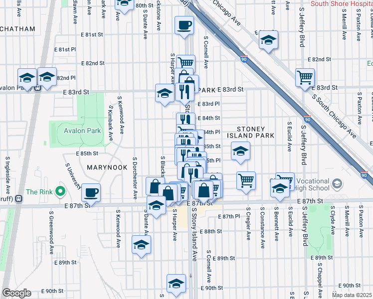 map of restaurants, bars, coffee shops, grocery stores, and more near 1537 East 85th Street in Chicago