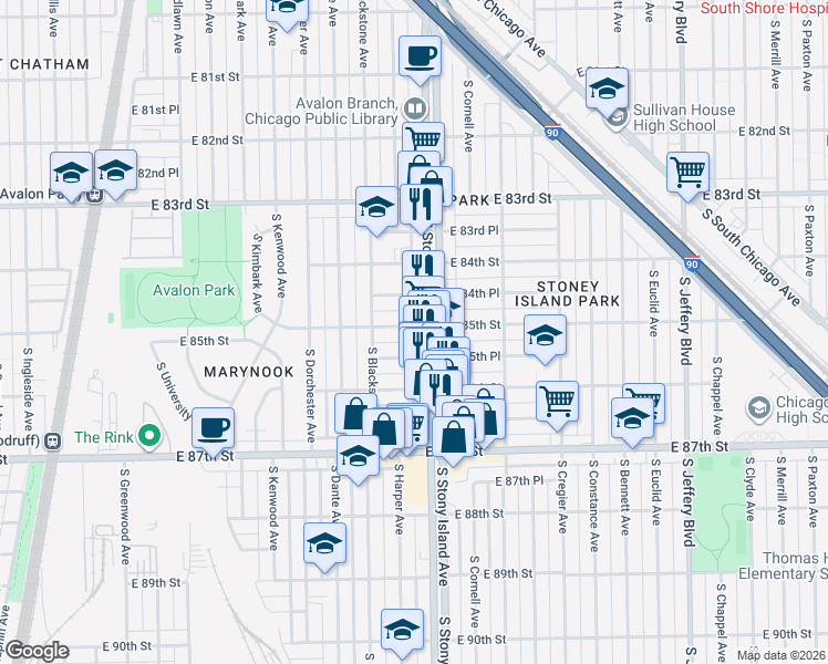 map of restaurants, bars, coffee shops, grocery stores, and more near 1537 East 85th Street in Chicago