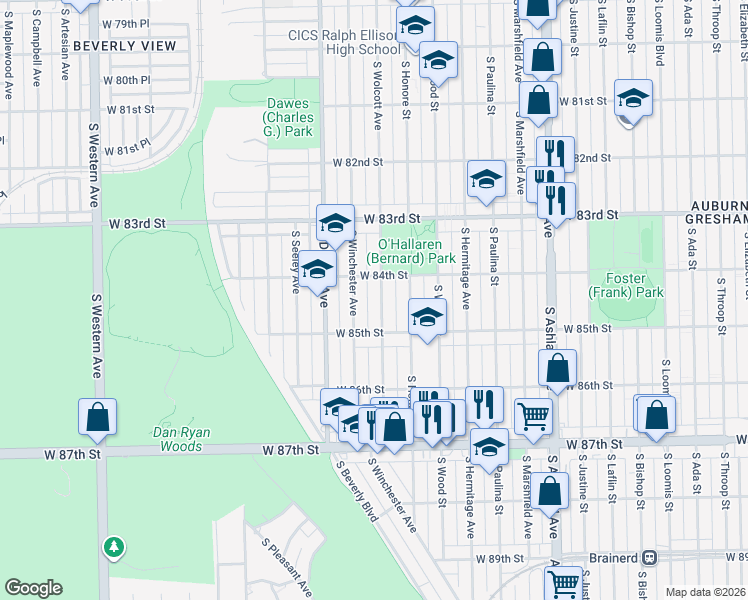 map of restaurants, bars, coffee shops, grocery stores, and more near 8422 South Wolcott Avenue in Chicago