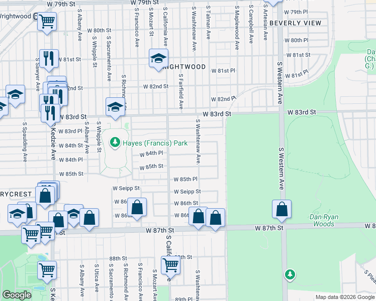 map of restaurants, bars, coffee shops, grocery stores, and more near 2700 West 84th Place in Chicago