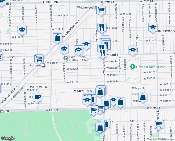 map of restaurants, bars, coffee shops, grocery stores, and more near 3309 West 84th Street in Chicago