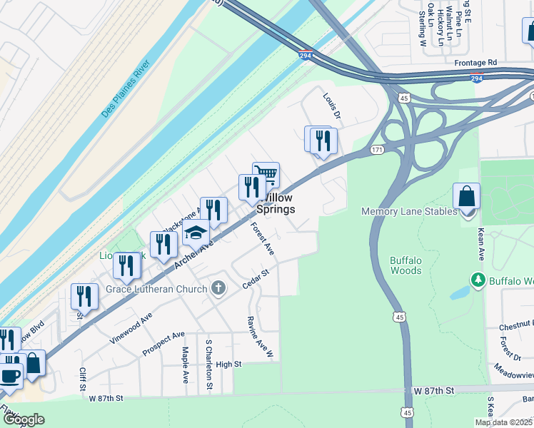 map of restaurants, bars, coffee shops, grocery stores, and more near in Willow Springs
