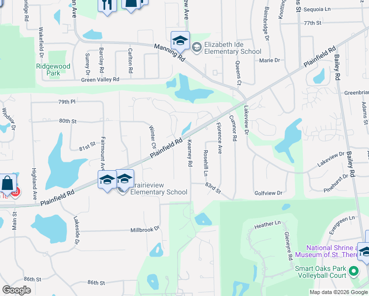 map of restaurants, bars, coffee shops, grocery stores, and more near 8080 Kearney Road in Downers Grove