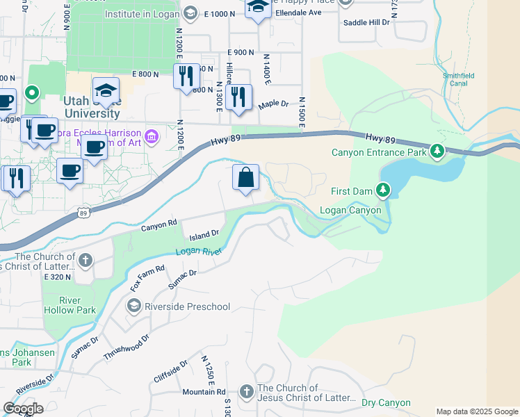 map of restaurants, bars, coffee shops, grocery stores, and more near 1440 Canyon Road in Logan
