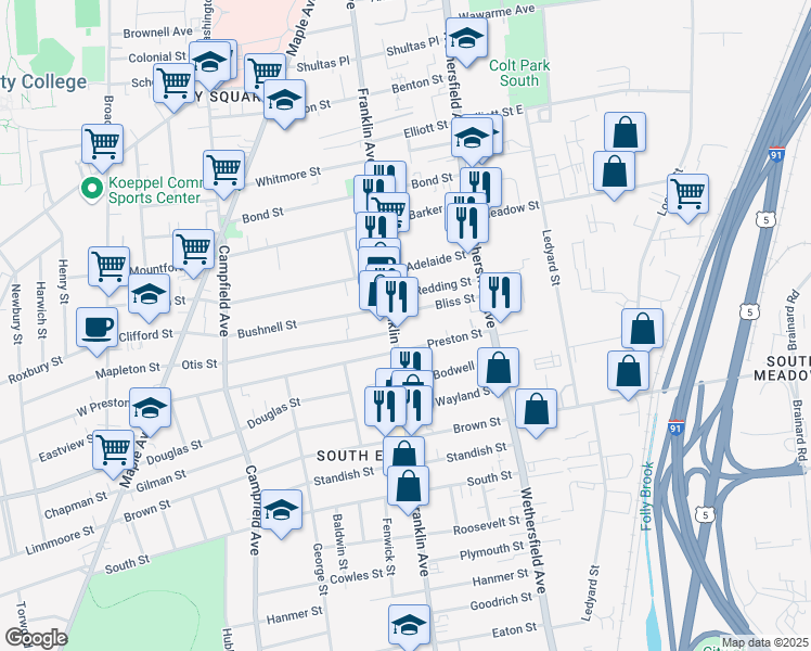 map of restaurants, bars, coffee shops, grocery stores, and more near 57 Bliss Street in Hartford