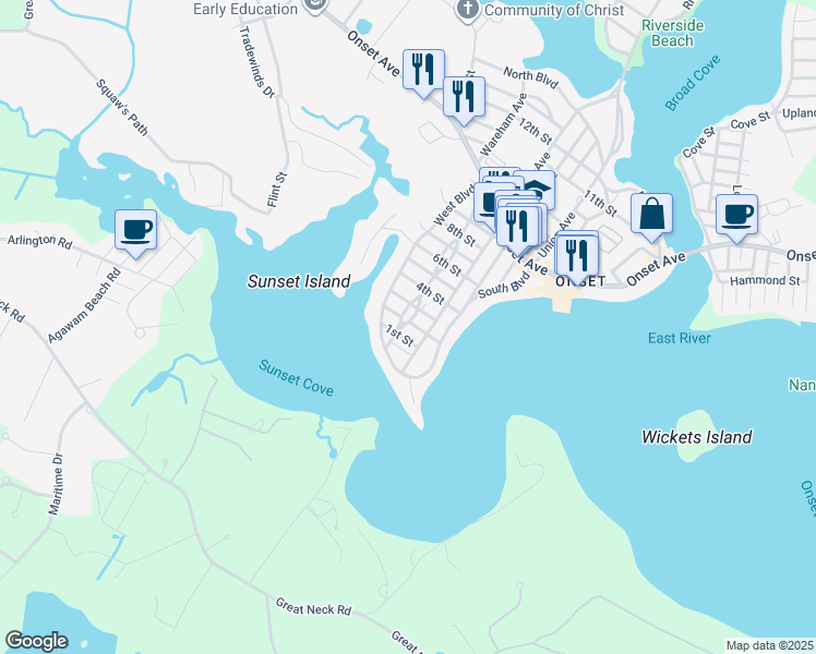 map of restaurants, bars, coffee shops, grocery stores, and more near 67 Longwood Avenue in Wareham