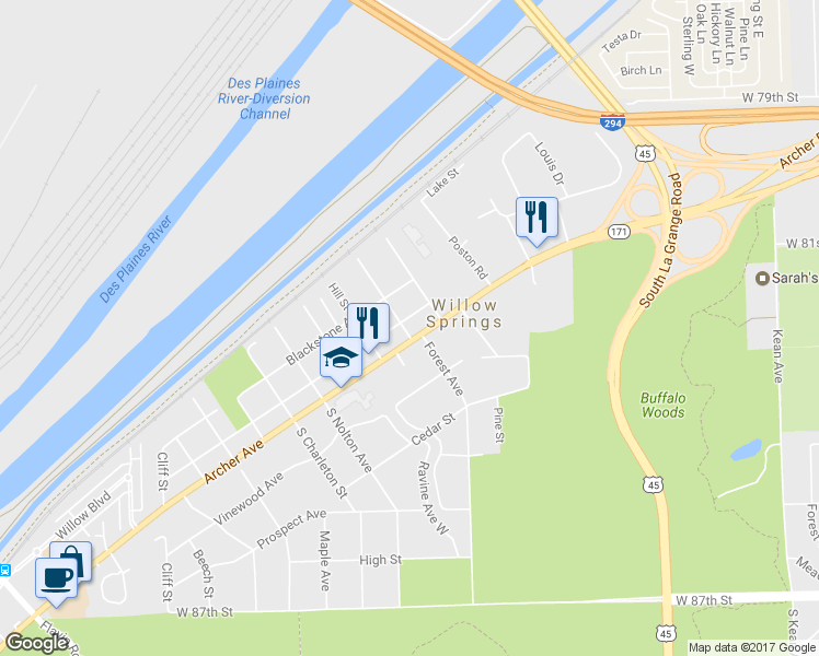 map of restaurants, bars, coffee shops, grocery stores, and more near 8260 Archer Avenue in Willow Springs
