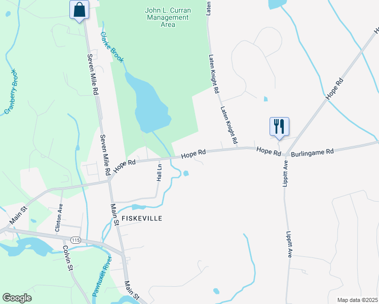 map of restaurants, bars, coffee shops, grocery stores, and more near 1439 Hope Road in Cranston