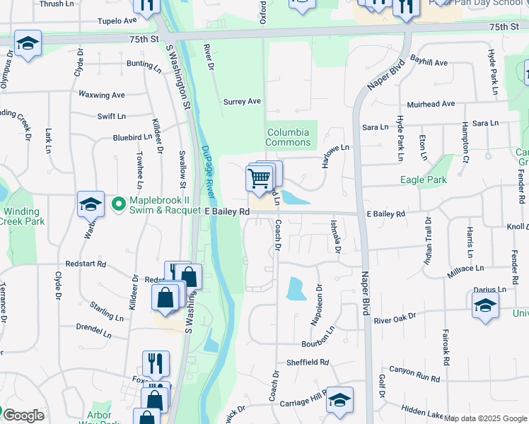 map of restaurants, bars, coffee shops, grocery stores, and more near 208 East Bailey Road in Naperville