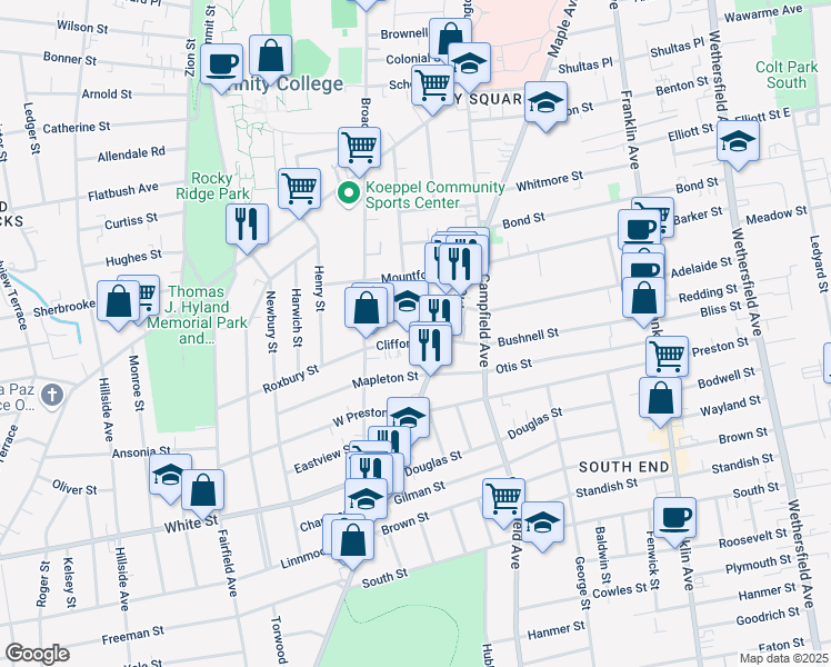 map of restaurants, bars, coffee shops, grocery stores, and more near 20 Clifford Street in Hartford