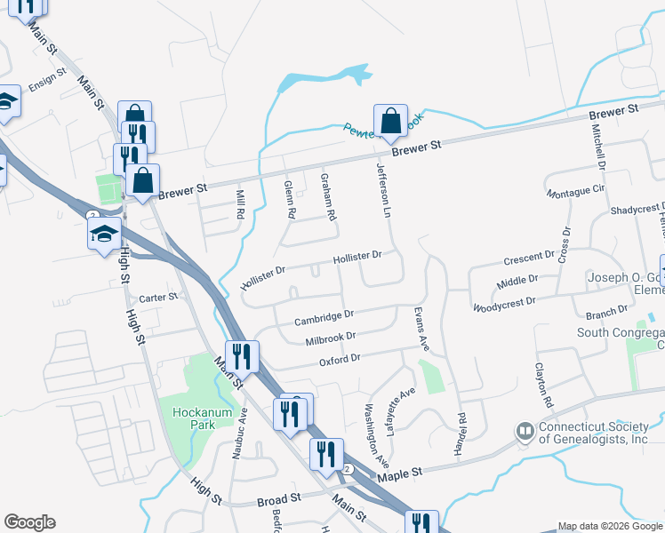 map of restaurants, bars, coffee shops, grocery stores, and more near 220 Hollister Drive in East Hartford