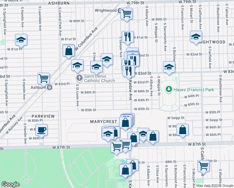map of restaurants, bars, coffee shops, grocery stores, and more near 3247 West 84th Street in Chicago