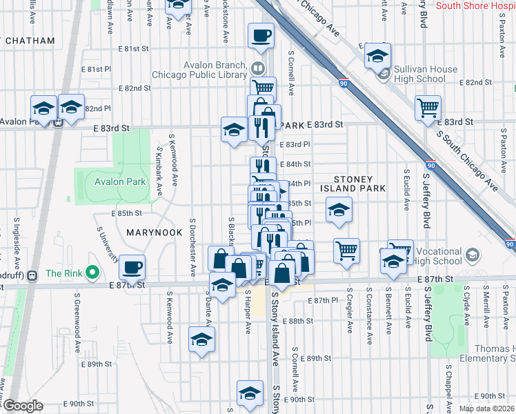 map of restaurants, bars, coffee shops, grocery stores, and more near 1537 East 85th Street in Chicago
