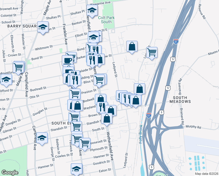 map of restaurants, bars, coffee shops, grocery stores, and more near 18 Chapin Place in Hartford