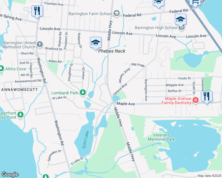map of restaurants, bars, coffee shops, grocery stores, and more near 280 Middle Highway in Barrington