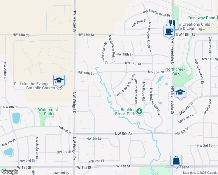map of restaurants, bars, coffee shops, grocery stores, and more near 1121 Northwest Boulder Point Place in Ankeny