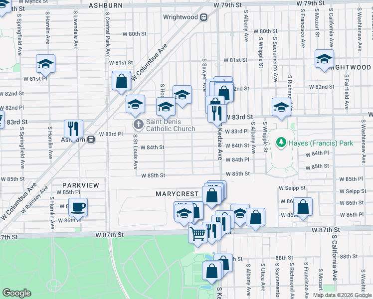 map of restaurants, bars, coffee shops, grocery stores, and more near 3309 West 84th Street in Chicago