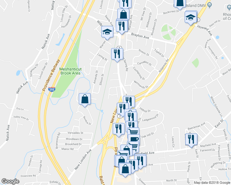 map of restaurants, bars, coffee shops, grocery stores, and more near 15 Hagen Avenue in Cranston