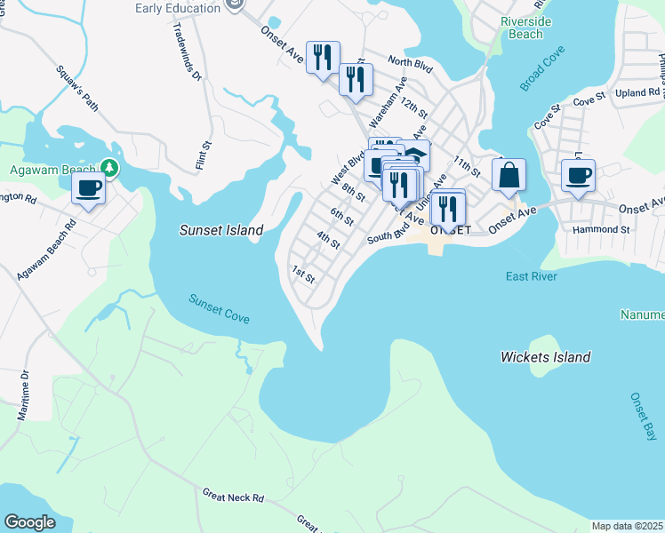 map of restaurants, bars, coffee shops, grocery stores, and more near 52 West Central Avenue in Wareham