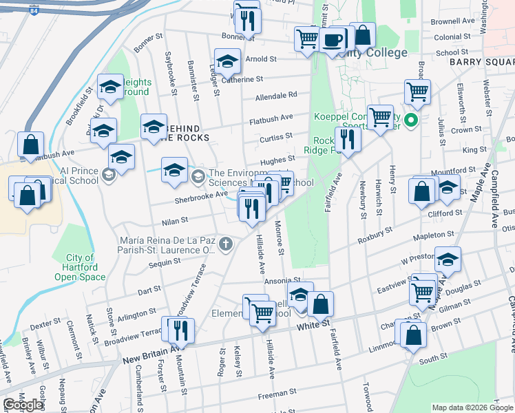 map of restaurants, bars, coffee shops, grocery stores, and more near 394 Hillside Avenue in Hartford