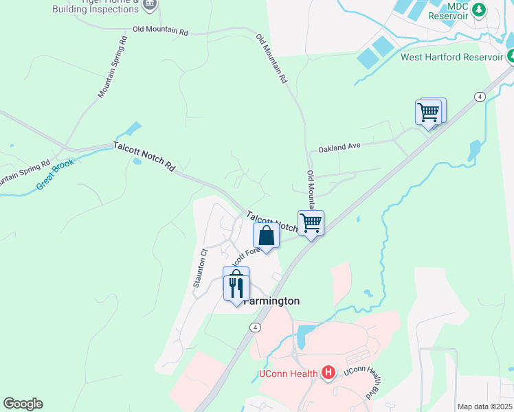 map of restaurants, bars, coffee shops, grocery stores, and more near 2 Talcott Glen Road in Farmington