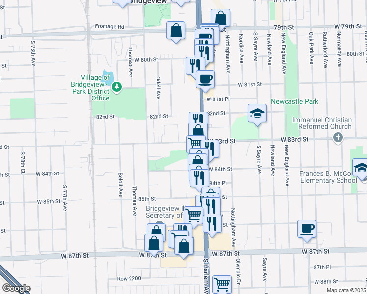 map of restaurants, bars, coffee shops, grocery stores, and more near 7245 West 83rd Street in Bridgeview