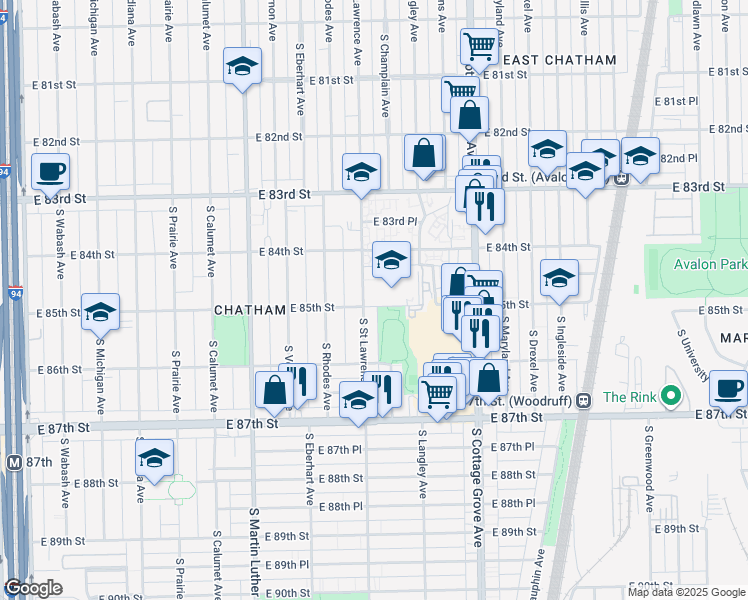 map of restaurants, bars, coffee shops, grocery stores, and more near 8441 South Saint Lawrence Avenue in Chicago