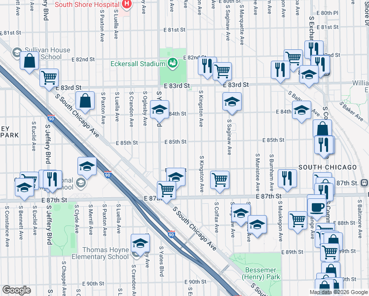 map of restaurants, bars, coffee shops, grocery stores, and more near 8510 South Essex Avenue in Chicago