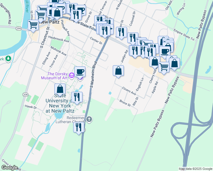 map of restaurants, bars, coffee shops, grocery stores, and more near 58 South Manheim Boulevard in New Paltz