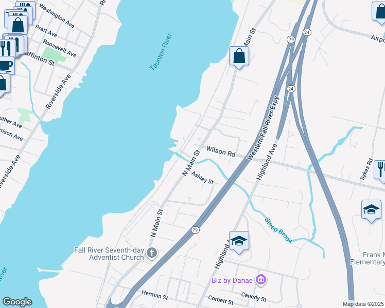 map of restaurants, bars, coffee shops, grocery stores, and more near 3228 North Main Street in Fall River