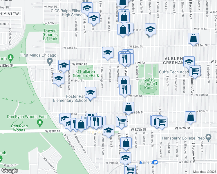 map of restaurants, bars, coffee shops, grocery stores, and more near 8422 South Paulina Street in Chicago