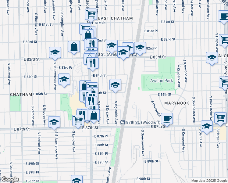 map of restaurants, bars, coffee shops, grocery stores, and more near 8458 South Ingleside Avenue in Chicago