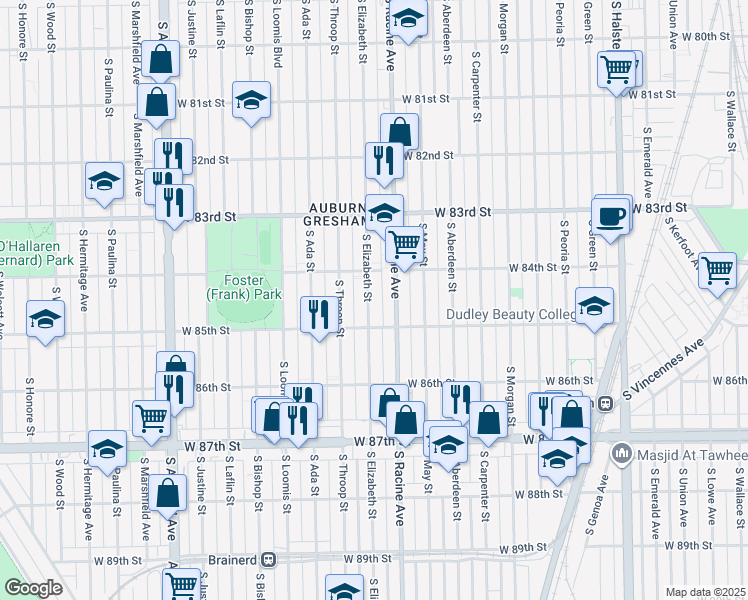 map of restaurants, bars, coffee shops, grocery stores, and more near 8429 South Elizabeth Street in Chicago