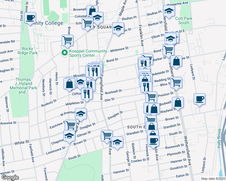 map of restaurants, bars, coffee shops, grocery stores, and more near 108 Bushnell Street in Hartford