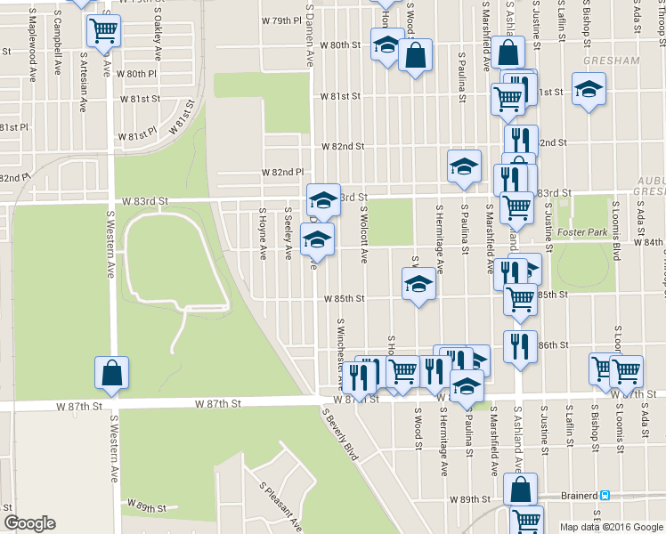 map of restaurants, bars, coffee shops, grocery stores, and more near 8420 South Winchester Avenue in Chicago