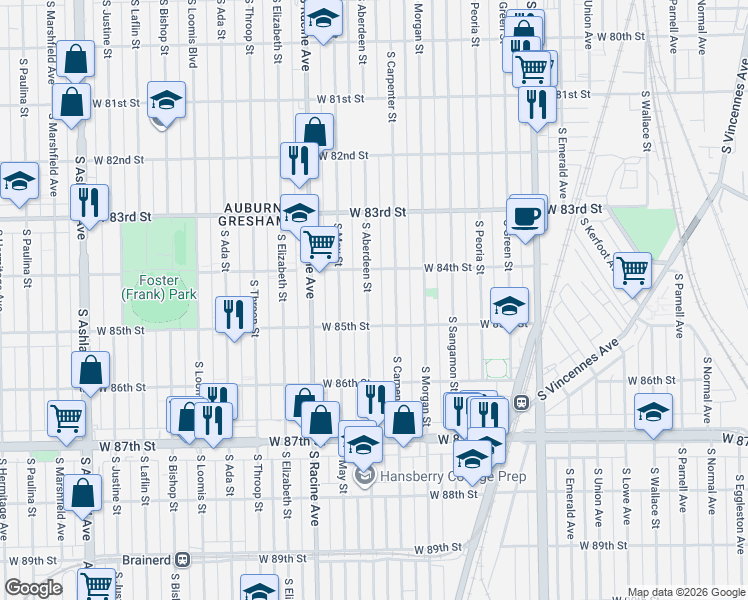 map of restaurants, bars, coffee shops, grocery stores, and more near 8433 South Aberdeen Street in Chicago