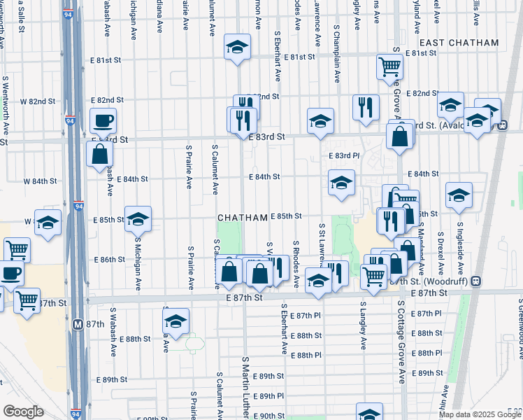 map of restaurants, bars, coffee shops, grocery stores, and more near 8450 South Vernon Avenue in Chicago