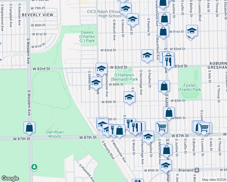 map of restaurants, bars, coffee shops, grocery stores, and more near 8422 South Wolcott Avenue in Chicago