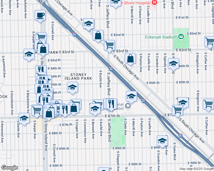 map of restaurants, bars, coffee shops, grocery stores, and more near 8504 South Jeffery Avenue in Chicago