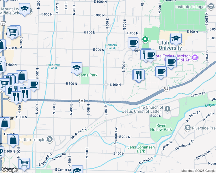 map of restaurants, bars, coffee shops, grocery stores, and more near 604 East 500 North in Logan