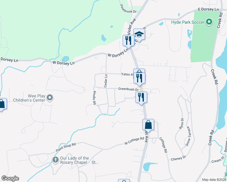 map of restaurants, bars, coffee shops, grocery stores, and more near 24 Greenbush Drive in Poughkeepsie